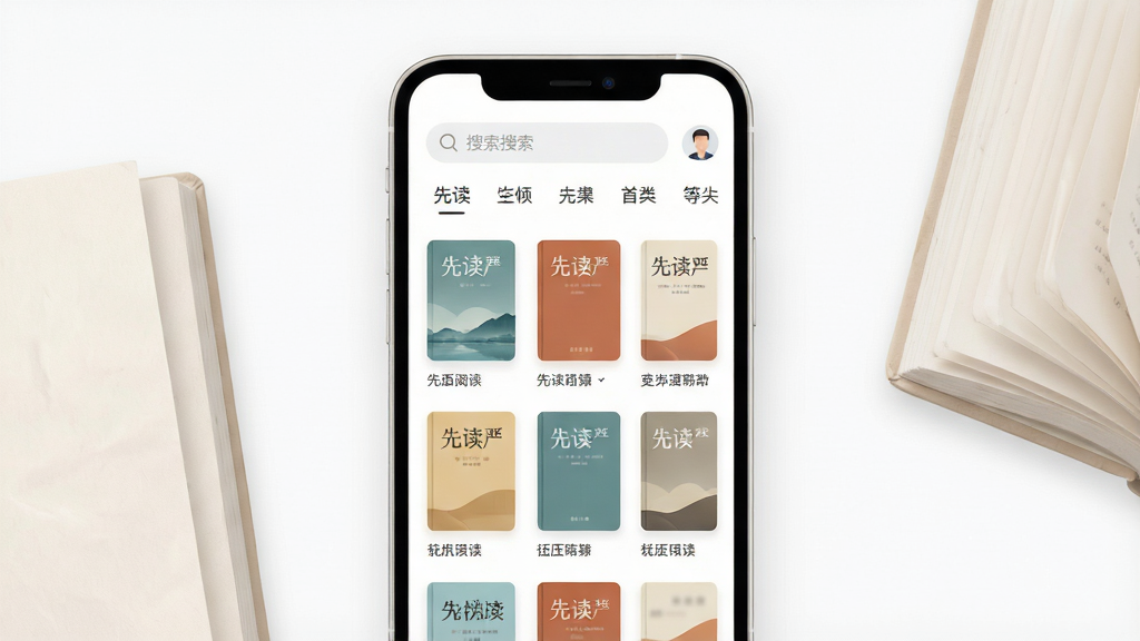 一张展示“先读”手机阅读软件主界面的场景图,主体为居中竖屏手机,屏幕上显示简洁的书架排列,封面整齐,顶部有搜索栏与分类标签,布局上手机置于画面中央,左右两侧点缀柔和的纸张纹理与书页元素,排版干净留白充足,风格为现代扁平化UI展示风,细节包括手机边框圆润、界面文字清晰、按钮图标简约,画质高清锐利、画面干净、无多余装饰元素。