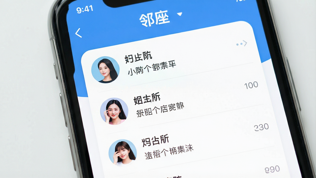 一张展示邻座社交软件核心界面的手机屏幕截图,画面中央是简洁的附近用户列表,每个用户头像旁显示距离和个性签名,背景是蓝白色调的现代扁平化设计,顶部有“邻座”文字标识,整体风格轻松明快,画质干净清晰,无多余装饰元素