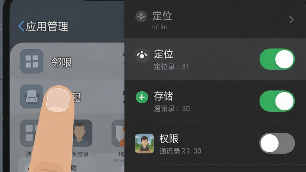 一张展示手机设置界面的示意图,画面中手指正在点击“应用管理”中的邻座图标,旁边显示权限开关列表,突出定位和存储权限已开启,通讯录权限为关闭状态,风格扁平化,画质干净
