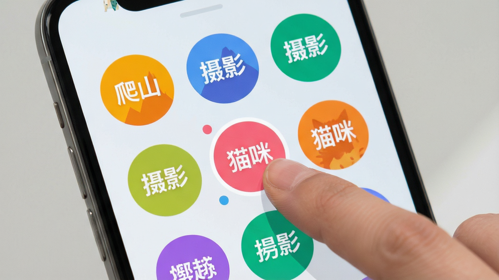 邻座软件兴趣标签筛选界面,手机屏幕中央展示多个彩色圆形标签如“爬山”“摄影”“猫咪”,用户手指正在点击其中一个标签,背景为浅灰色,界面风格活泼明快,文字清晰,画质干净