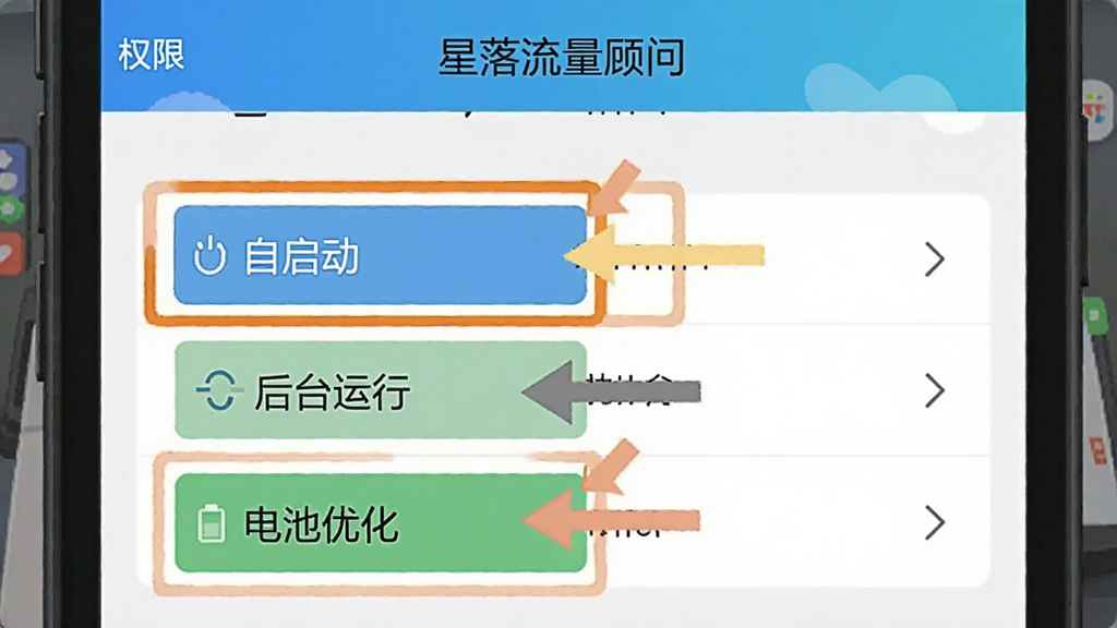 一张手机设置界面的示意图,画面展示“星落流量顾问”的权限设置页面,高亮标出“自启动”“后台运行”“电池优化”几个选项,用箭头和色块进行视觉引导,风格为扁平化信息图,画质清晰干净