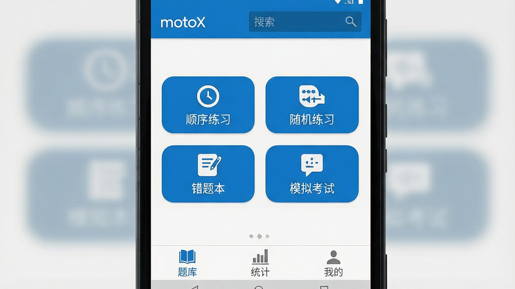 一张展示motoX应用主界面的手机屏幕截图,画面中央是简洁的白色背景配蓝色标题栏,顶部显示