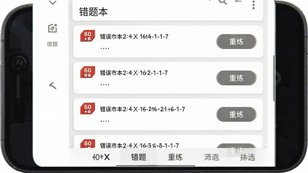motoX应用错题本界面的手机截图,白色背景,顶部标题