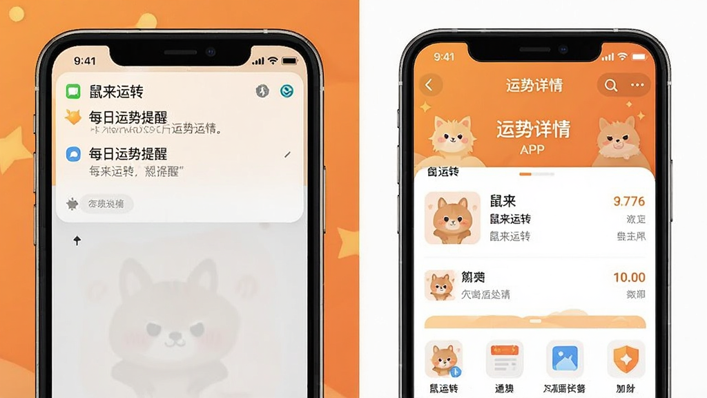 一张手机通知栏和APP界面组合示意图,画面左侧是一部手机顶部下拉通知栏,通知内容显示“鼠来运转”的每日运势提醒文字,右侧是手机屏幕显示APP的运势详情页,整体布局为左右并列结构,风格为现代扁平化UI设计,配色以暖橙色和白色为主,细节干净利落,画质清晰无多余元素