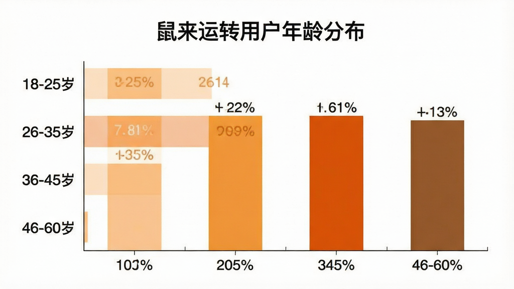 一张用户年龄分布柱状图,画面主体为横向柱状图,纵轴标注年龄段“18-25岁”“26-35岁”“36-45岁”“46-60岁”,横轴为占比百分比数值,四根柱子颜色分别为浅橙、中橙、深橙、棕色,柱子上方标注具体百分比数字,图表标题为“鼠来运转用户年龄分布”,整体布局为图表居中,风格为简洁数据可视化设计,背景为白色,画质清晰干净,无多余元素
