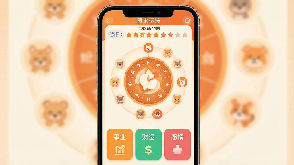 一张手机应用主界面展示图,画面中央是一部竖屏手机,屏幕上显示“鼠来运转”APP的首页,顶部有当日日期和运势星级评分,中间是圆形运势罗盘和十二生肖小图标环绕,下方是事业、财运、感情三个彩色卡片模块,整体布局为上下结构,风格为现代扁平化设计,细节圆润,配色以暖橙色和米白色为主,画质清晰干净,无多余元素