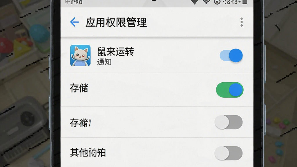 一张手机设置界面截图风格示意图,画面展示安卓手机的“应用权限管理”页面,列表中显示“鼠来运转”应用的权限开关,通知和存储权限为开启状态,其他权限为关闭状态,整体布局为上下列表结构,风格为系统设置页面的扁平化设计,配色以白色背景和蓝色开关为主,细节清晰,画质干净无多余元素