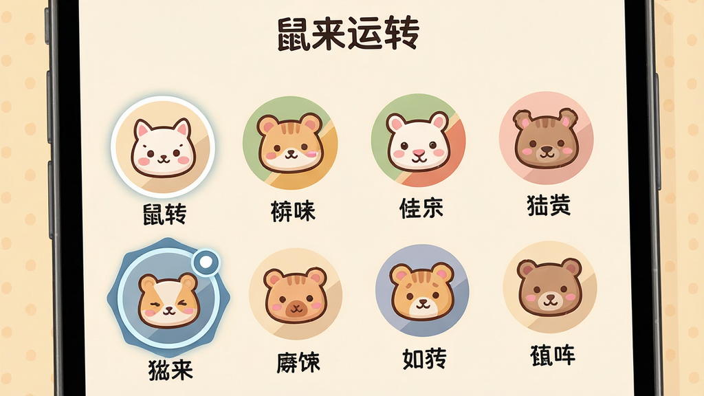 一张手机屏幕特写图,屏幕中显示“鼠来运转”APP的生肖选择页面,画面主体为十二生肖圆形图标排成两行,每个图标下方有对应的生肖名称文字,当前选中的生肖图标有高亮边框,背景为浅米色,整体风格为卡通扁平化设计,图标细节圆润可爱,画质干净清晰,无多余元素