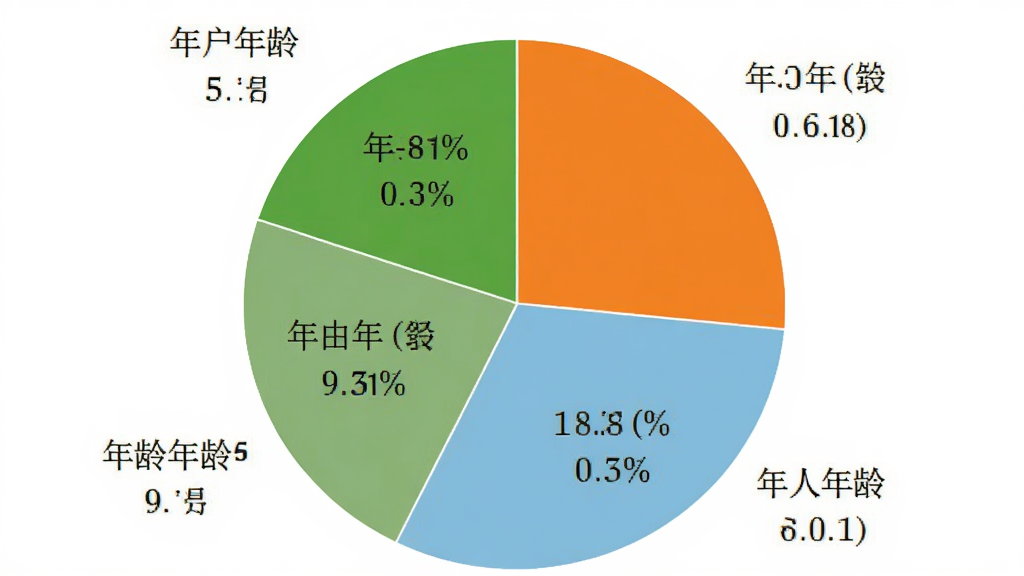 一张饼状图,展示不同年龄段用户人数占比,图表配色以橙色、浅蓝、灰色、绿色区分四个扇形区域,每个扇形标注年龄段和百分比数字,背景为纯白色,图表风格简洁清晰,文字标签大小适中,画面干净无多余装饰元素,画质高清。