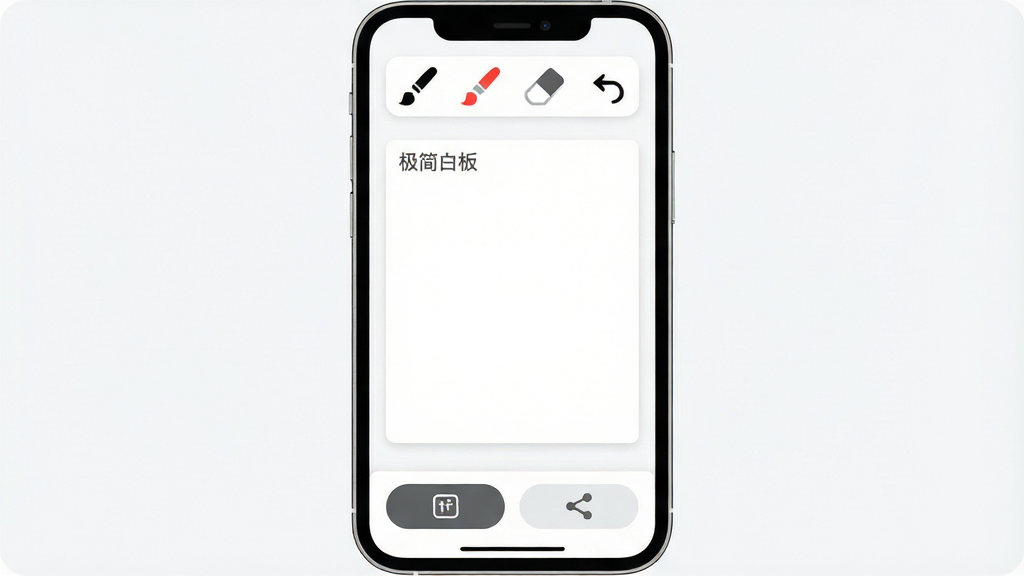 一张展示“极简白板”应用核心界面的手机屏幕截图,画面中央是一块干净的白色画布,顶部工具栏摆放着黑色画笔、红色画笔、橡皮擦和撤销箭头图标,底部有保存和分享按钮,整体布局简洁留白充足,风格现代扁平化,细节圆润,画质清晰干净,无多余元素,画布左上角有“极简白板”四个字的浅色水印