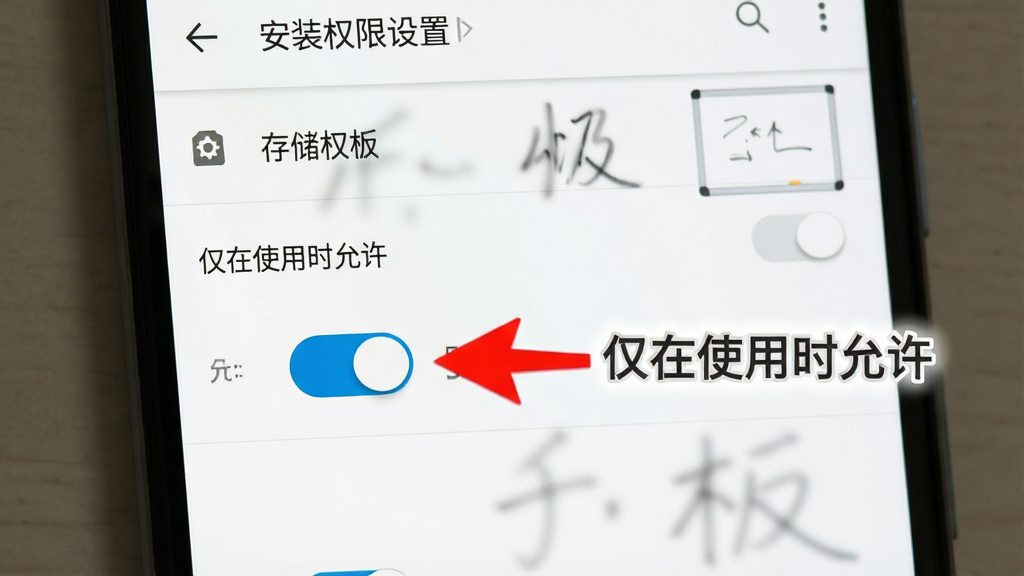 一张“极简白板”安装权限设置示意图,画面展示安卓手机设置界面中存储权限开关的位置,旁边有红色箭头标注“仅在使用时允许”选项,界面为原生安卓风格,画质清晰,标注明确,无多余装饰