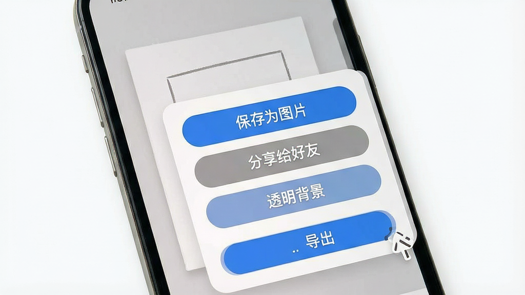 一张“极简白板”导出流程示意图,画面展示手机屏幕从画布界面点击导出按钮后弹出保存选项菜单的过程,菜单中包含“保存为图片”“分享给好友”“透明背景”三个选项,界面风格简洁,按钮圆角设计,配色以白灰蓝为主,画质干净清晰,无杂乱元素