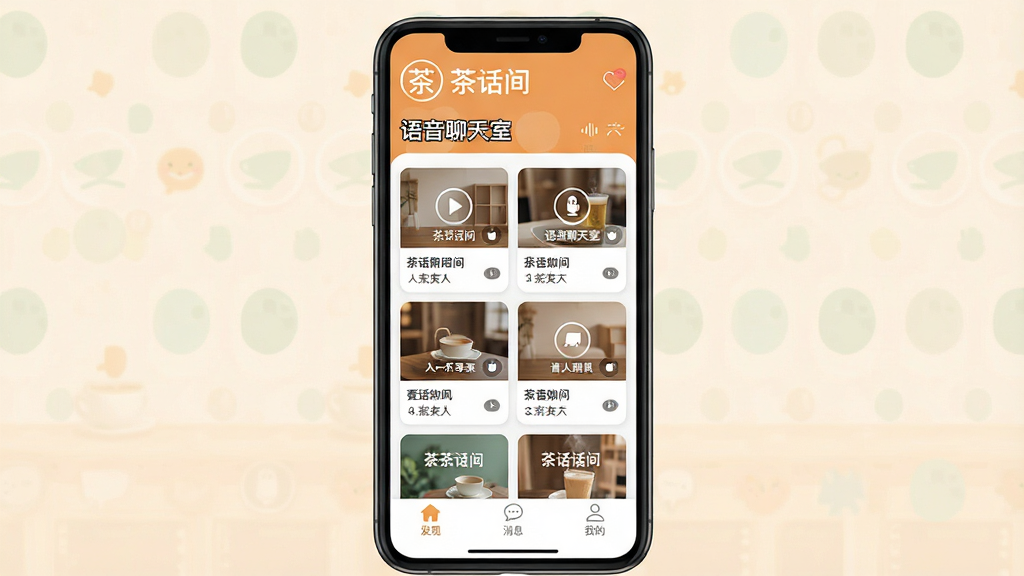 һ��չʾ���軰�䡱App��������ֻ�����ͼ������������������ҳ��������ʾ���軰�䡱Logo�͡����������ҡ��������м������Ŷ����ͬ������������俨Ƭ��ÿ����Ƭ���з������ƺ������������ײ�Ϊ���֡���Ϣ���ҵ�����������ǩ���������������죬��ůɫ��Ϊ�������ָɾ����࣬�����������޶���Ԫ��