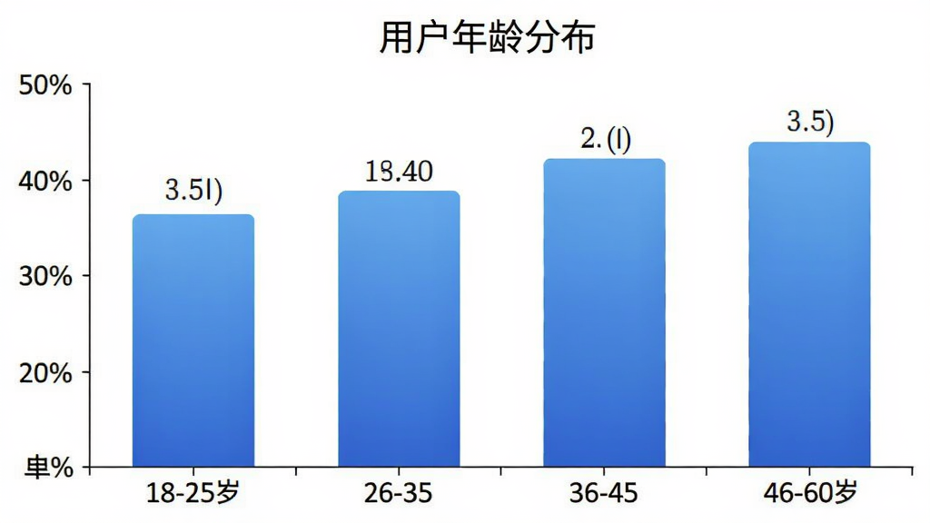 柱状图展示“自由买卖”用户年龄分布,横轴为18-25岁、26-35岁、36-45岁、46-60岁四个年龄段,纵轴为用户占比百分比,柱体为蓝色渐变,顶部标注具体数值,背景白色,图表标题为“用户年龄分布”,风格简洁清晰,画质干净