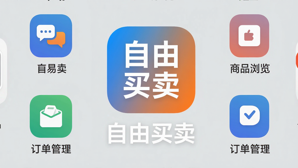 手机应用市场展示页面,居中放置一款名为“自由买卖”的APP图标,图标采用蓝橙渐变配色,下方显示“自由买卖”四个白色粗体字,周围环绕交易沟通、商品浏览、订单管理三个功能小图标,背景为浅灰色应用商店界面,整体风格干净扁平,画质清晰,无多余装饰元素