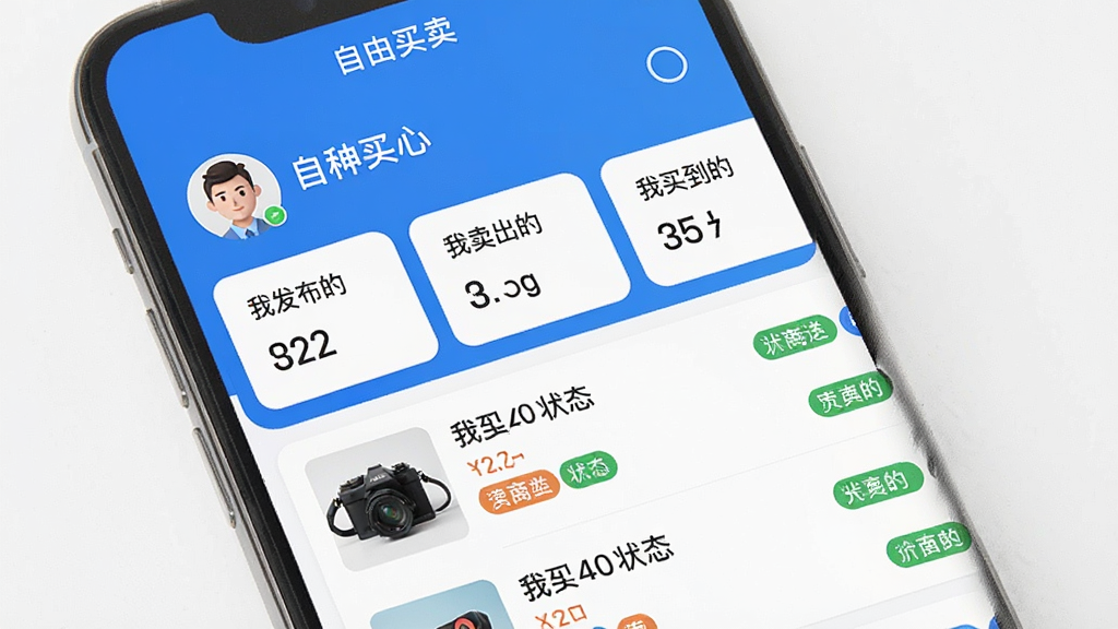手机应用界面展示“自由买卖”个人中心页面,顶部显示用户头像和昵称,下方有“我发布的”“我卖出的”“我买到的”三个统计卡片,再往下是订单列表,每条订单显示商品缩略图和状态标签,整体布局清晰,蓝白配色,画质干净