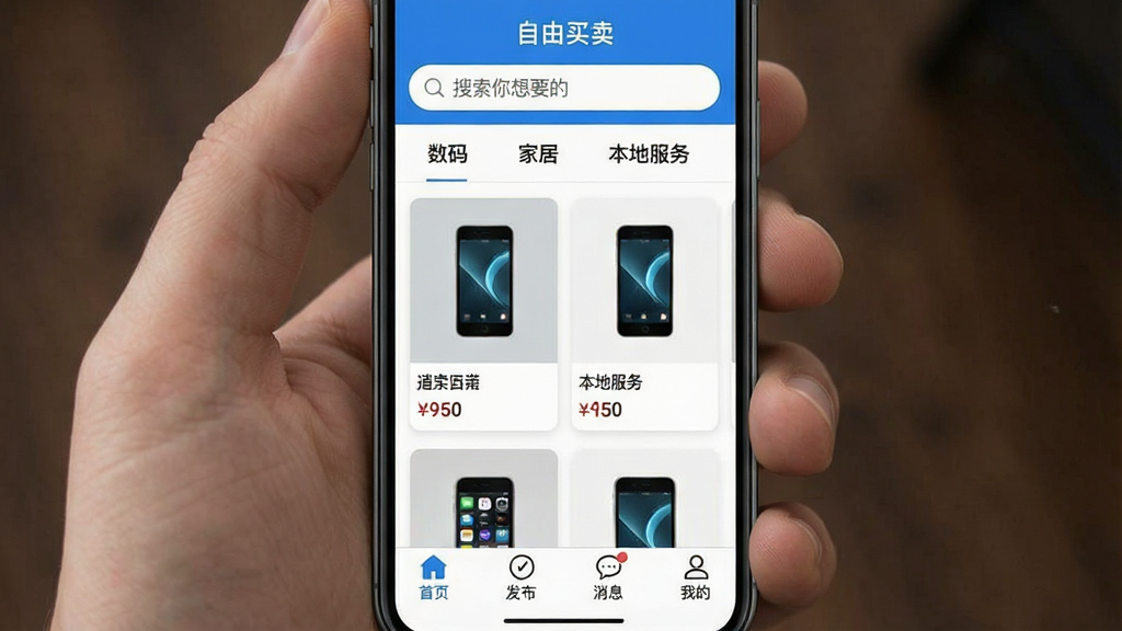 手机界面截图风格,展示“自由买卖”APP首页布局,顶部搜索框内写“搜索你想要的”,下方横向排列“数码”“家居”“本地服务”等分类标签,中间信息流卡片显示商品图片和价格,底部导航栏有首页、发布、消息、我的四个图标,整体蓝白配色,排版整齐,画质干净