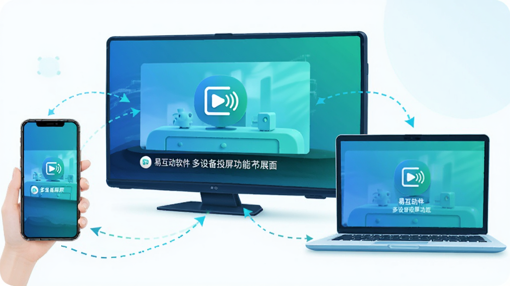 �׻��������Ķ��豸Ͷ������չʾ���棬������һ̨�ֻ����������ܵ��ӷ���Ͷ�����棬�Ա���һ̨�ʼǱ�����Ҳ��ʾ������״̬�������豸֮�������߼�ͷ���ӱ�ʾ���ߴ��䣬������ÿƼ��в廭�������ɫ�����豸ͼ����Բ�󣬱����ɾ�������Ԫ��