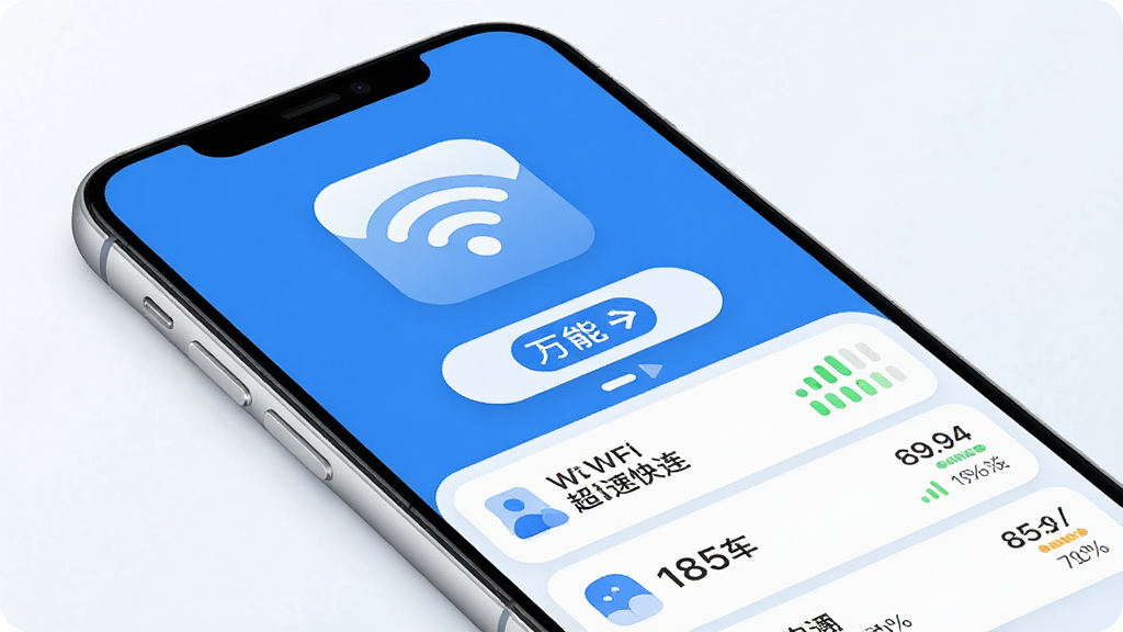 一张手机界面展示图,主体是一部现代智能手机,屏幕中央显示万能WiFi超速快连的应用主界面,顶部有醒目的WiFi信号图标和连接按钮,下方列出周边可用热点名称与信号强度,布局简洁清晰,排版采用蓝白配色,风格现代扁平化,细节圆润,画质干净清晰,无多余元素