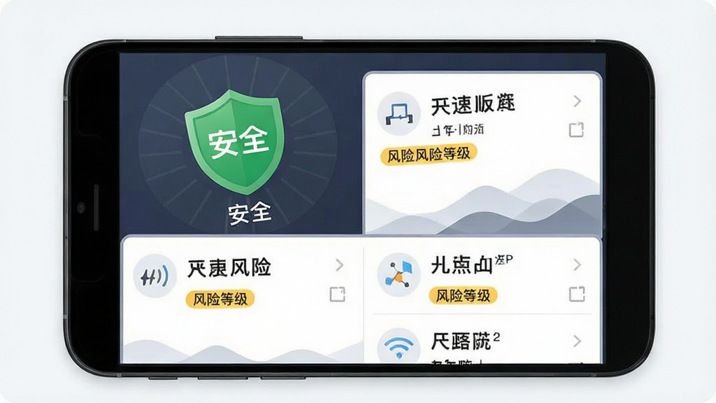 一张手机应用功能展示图,画面中一部手机屏幕显示万能WiFi超速快连的安全检测界面,屏幕上有绿色的安全盾牌图标和