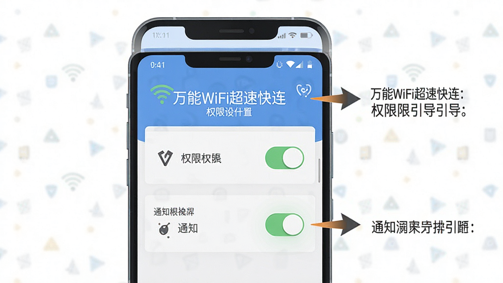 一张手机操作步骤示意图,画面中一部手机屏幕展示万能WiFi超速快连的权限设置引导页面,屏幕上有定位权限和通知权限的开关按钮,旁边配有箭头指示和文字说明,布局上下结构,排版清晰,风格简洁扁平,细节明确,画质干净,无多余元素