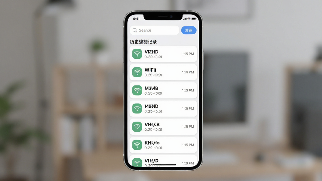 一张手机应用界面展示图,主体为一部手机屏幕显示万能WiFi超速快连的历史连接记录页面,列表中排列着多个已连接过的WiFi名称及连接时间,顶部有搜索框和清理按钮,布局为垂直列表式,排版清晰,风格简约扁平,细节圆润,画质干净,无多余元素