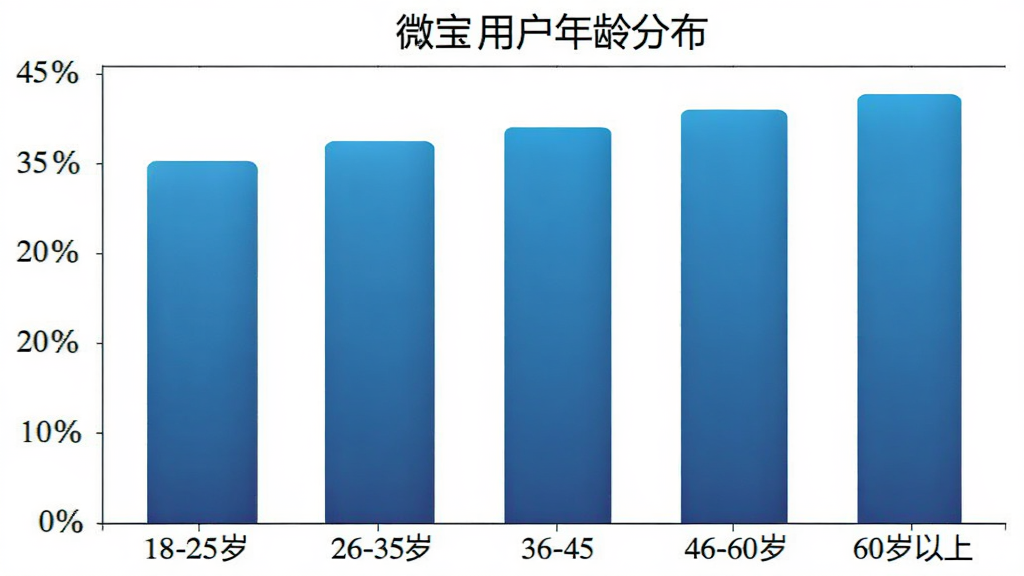 柱状图展示微宝用户年龄分布,横轴为年龄段18-25岁、26-35岁、36-45岁、46-60岁、60岁以上,纵轴为用户占比百分比,柱子颜色为蓝色渐变,背景白色,图表清晰简洁