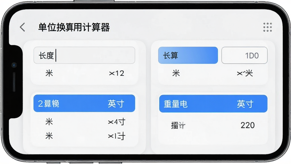 一张“超级好用计算器”单位换算功能界面的手机截图风格图片,画面中展示长度和重量换算的卡片式布局,输入框旁边列出米、厘米、英寸等单位的换算结果,界面以浅色背景配合蓝色高亮,排版整齐,风格清爽,画质干净无杂乱元素