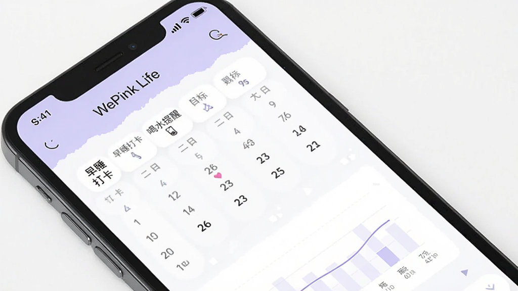 美力人生 WePink Life 应用内的个人成长档案页面,手机屏幕显示打卡日历和简单的进度图表,旁边有“早睡打卡”“喝水提醒”等目标标签,界面配色柔和,以淡紫色和白色为主,图表清晰,风格清爽,画质干净无多余元素