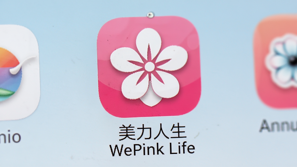 美力人生 WePink Life 应用安装在安卓手机上的桌面图标特写,图标为粉色圆角方形,中间有白色花朵图案,下方显示应用名称,背景是简洁的手机桌面,风格清新,画质清晰