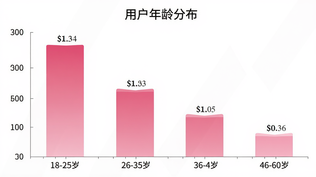 一张柱状图,展示美力人生 WePink Life 用户年龄分布,横轴为年龄段18-25岁、26-35岁、36-45岁、46-60岁,纵轴为用户占比,柱状图颜色为渐变的粉色系,图表标题为“用户年龄分布”,背景简洁,数据标签清晰,风格现代,画质干净