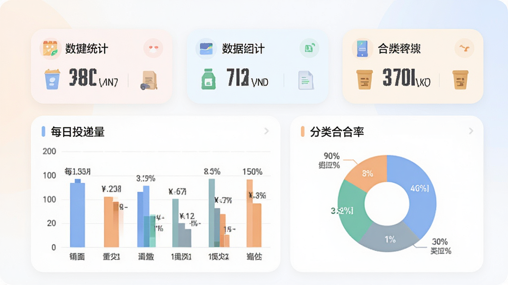 一张展示“甬城分类管理端”数据统计看板界面的图片,主体为手机屏幕内显示柱状图和饼图组合的数据面板,布局上方是三个关键指标卡片,下方左侧柱状图展示每日投递量、右侧饼图展示分类合格率,排版为上下结构清晰分区,风格为现代数据可视化扁平风格,细节上图表配色柔和、数值标注清晰、卡片圆角处理,画质高清干净无多余元素,背景为浅色渐变衬托