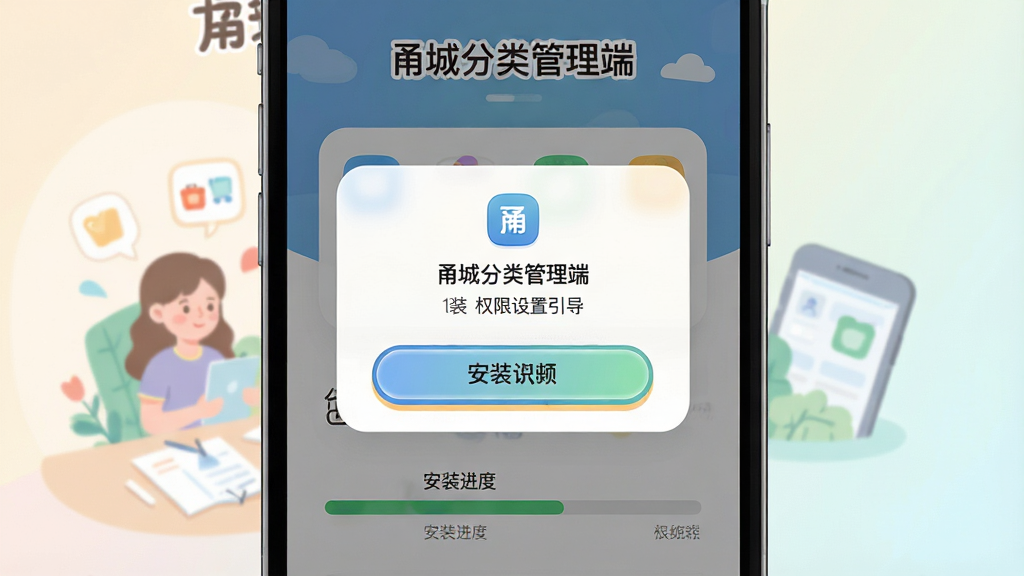 一张展示“甬城分类管理端”在手机上安装和权限设置引导界面的图片,主体为手机屏幕显示权限授权弹窗和安装进度条,布局为弹窗居中、背景是App的引导页插画,排版简洁明了,风格为扁平化卡通插画风,细节上按钮有高亮描边、文字提示清晰、图标为圆角设计,画质高清干净无多余元素,背景为柔和的浅色渐变