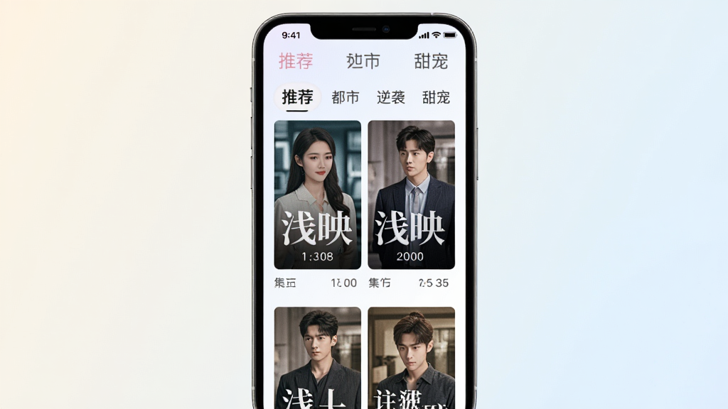 手机界面展示“浅映”首页推荐流,纵向排列多张短剧封面海报,每张海报下方标注剧名和集数,顶部有“推荐”“都市”“逆袭”“甜宠”等分类标签栏,背景为浅色渐变,风格清新现代,画质干净高清,无多余元素