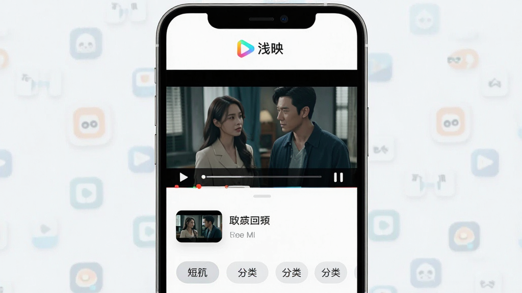 一张手机屏幕展示短剧播放界面,画面中央是正在播放的都市题材短剧,下方有剧集列表和分类标签,顶部显示“浅映”Logo,整体布局简洁清爽,风格现代扁平化设计,细节圆润,画质干净高清,无多余元素