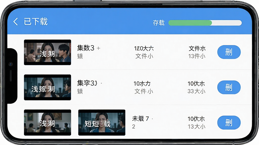 手机屏幕显示“浅映”离线缓存管理页面,列表展示已下载的短剧剧集,每项包含封面缩略图、剧名、集数、文件大小和删除按钮,顶部有“已下载”标题和存储空间使用条,界面以蓝白配色为主,风格清爽扁平,画质干净高清,无多余元素