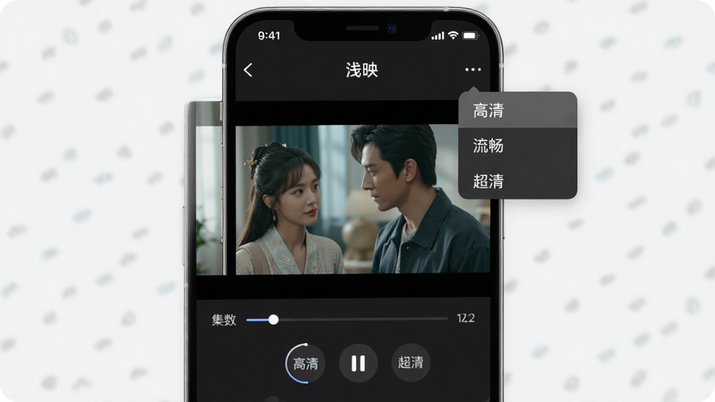 手机屏幕展示“浅映”播放界面,画面中短剧正在播放,下方显示进度条和集数选择栏,右上角有画质切换菜单展开,选项包括“高清”“流畅”“超清”,界面以深色背景衬托视频画面,风格简洁现代,画质干净高清,无多余元素