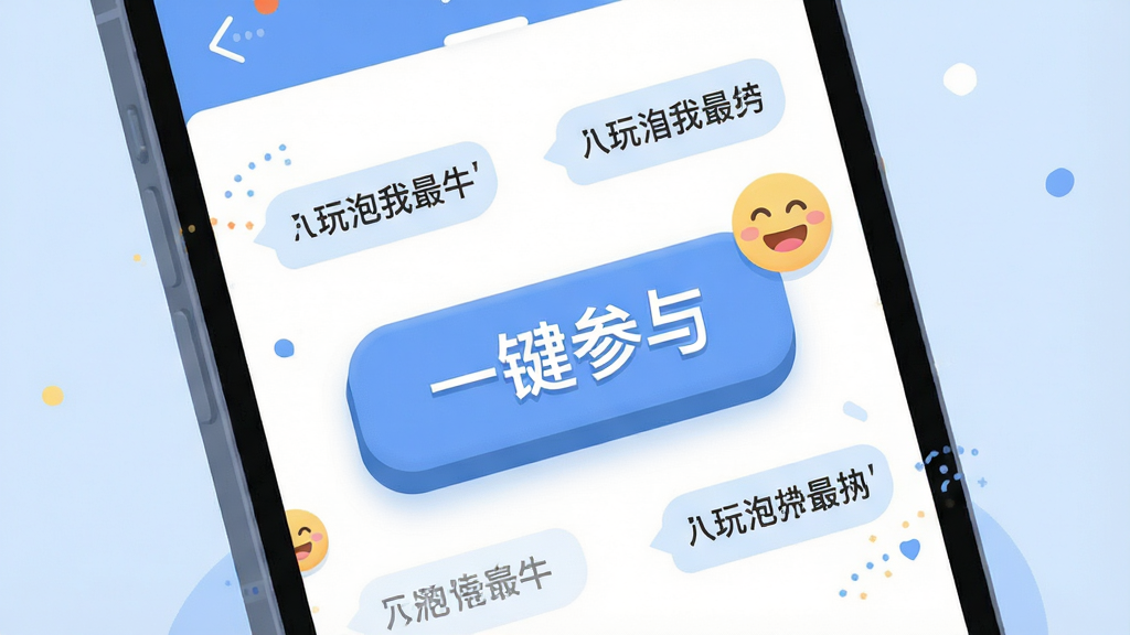 一张表现“玩泡我最牛”轻量互动零门槛功能的示意图,主体是手机界面特写,布局上屏幕中央显示一个醒目的“一键参与”按钮,周围环绕着话题标签和笑脸图标,排版简洁明了,风格为现代扁平化UI插画,细节处按钮有轻微立体感、背景为柔和的浅蓝色,画质清晰干净无多余元素