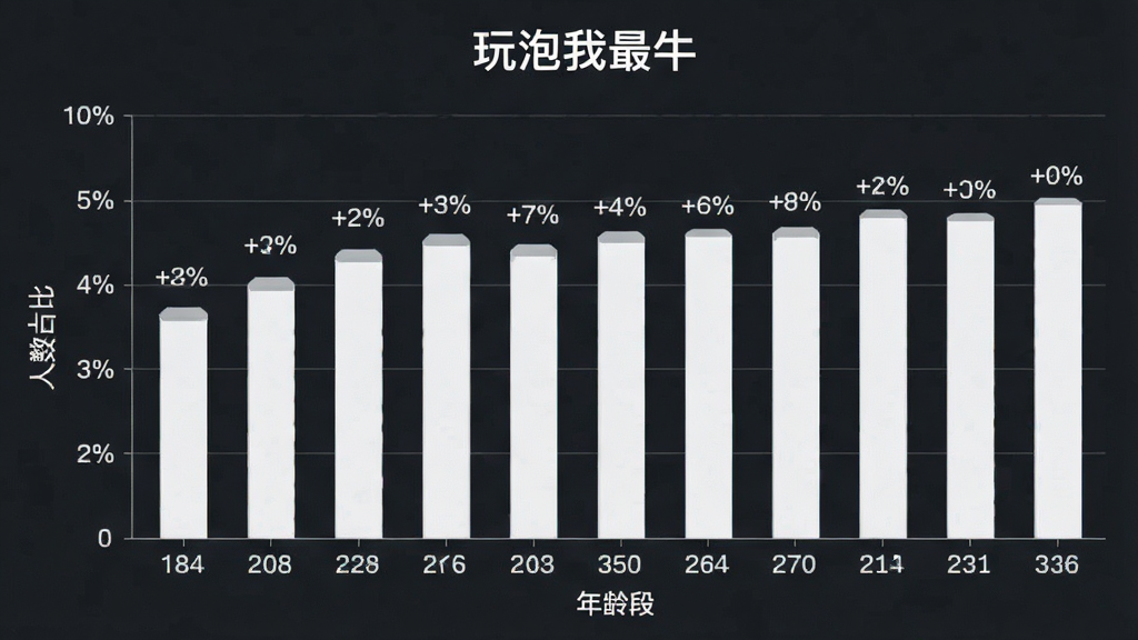 一张“玩泡我最牛”用户年龄分布的柱状图,主体是图表居中,布局上横轴为年龄段纵轴为人数占比,排版清晰,风格为简洁数据可视化,细节处每个柱子顶端标注百分比数字,画质高清干净无多余元素