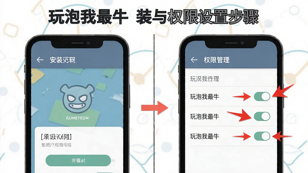 一张展示“玩泡我最牛”安装与权限设置步骤的示意图,主体是手机屏幕分屏显示,布局上左侧为安装界面右侧为权限管理界面,排版左右对照,风格为扁平化教程插画,细节处用红色箭头标注需要关闭的权限开关,画质清晰干净无多余元素