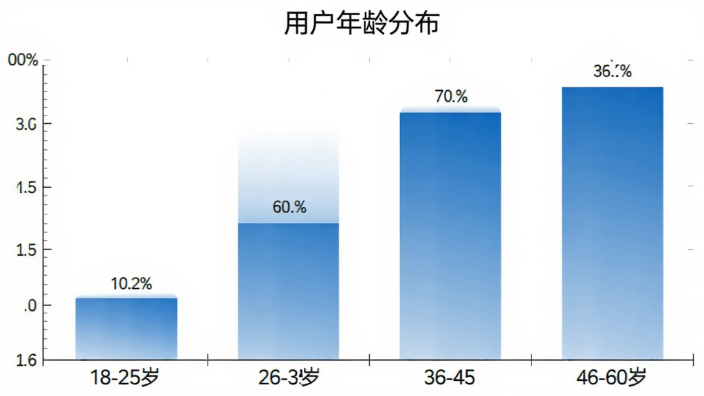 柱状图展示“和校园家长”用户年龄分布,横轴为18-25岁、26-35岁、36-45岁、46-60岁四个年龄段,纵轴为用户占比百分比,柱体为蓝色渐变,顶部标注具体数值,图表标题为“用户年龄分布”,背景白色简洁,画质清晰干净