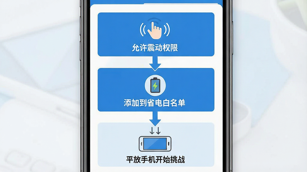 一张展示拼手速大挑战新手操作引导界面的图片,画面是一部手机屏幕显示分步操作提示,第一步标注“允许震动权限”配震动图标,第二步标注“添加到省电白名单”配电池图标,第三步标注“平放手机开始挑战”配手机平放示意图,布局为纵向三步流程,风格为扁平化信息图,配色以蓝白为主,细节清晰,画质干净无多余元素