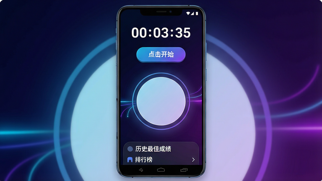 一张展示拼手速大挑战软件核心界面的手机截图风格图片,画面中央是一部竖屏安卓手机,手机屏幕内显示拼手速大挑战的主界面,顶部有醒目的数字计时器和“点击开始”按钮,中间是一个硕大的圆形点击区域,底部显示历史最佳成绩和排行榜入口,背景为深色渐变搭配霓虹蓝紫色光效,布局简洁明快,风格现代扁平化,细节圆润,画质干净清晰,无多余元素