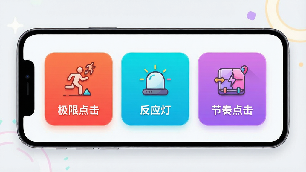 一张展示拼手速大挑战多种游戏模式选择界面的图片,画面是一部手机屏幕显示三个模式卡片横向排列,分别标注“极限点击”“反应灯”“节奏点击”并配有对应的图标,卡片采用圆角矩形设计,配色分别为橙红、青蓝、紫粉,背景为浅灰白色,布局清晰有层次,风格活泼明快,细节精致,画质干净无多余元素