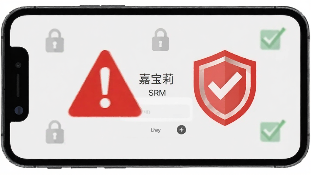画面展示一部手机屏幕显示“嘉宝莉 SRM”登录界面,旁边有一个红色警示标志和盾牌图标,象征账号安全提醒。背景为浅灰色,有锁形图标和勾选标记点缀。风格简洁扁平,画质干净,无多余元素。