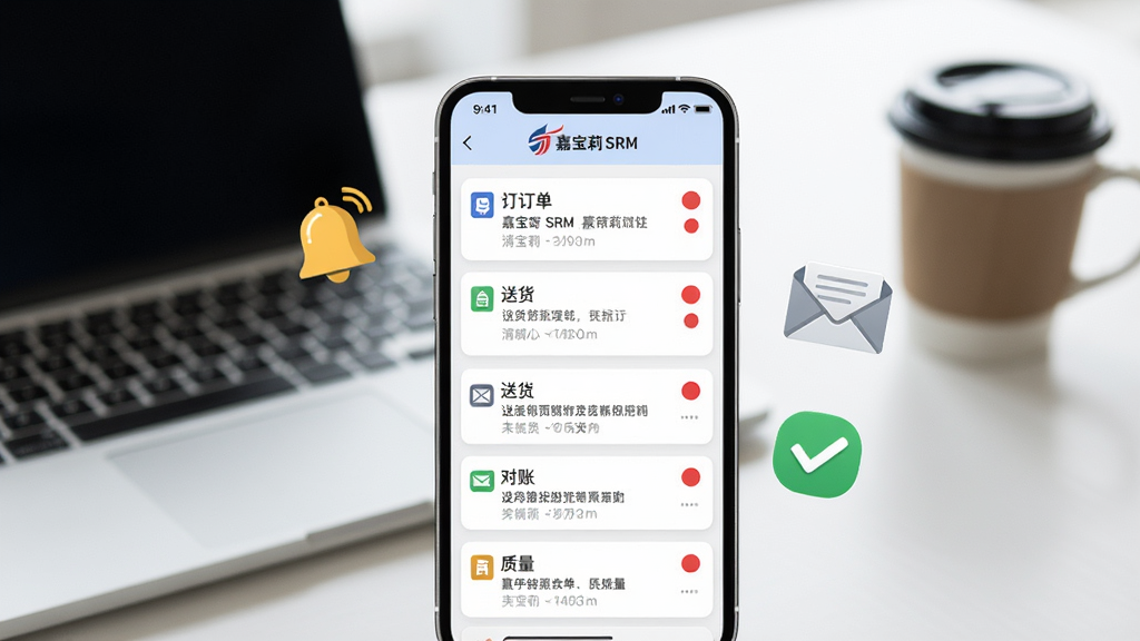 画面中央是一部手机,屏幕显示“嘉宝莉 SRM”的消息中心页面,各类通知按订单、送货、对账、质量分类排列,带有未读红点和图标。手机旁边漂浮着铃铛、信封和勾选图标,背景为浅色办公桌面,有笔记本电脑和咖啡杯虚化处理。风格简洁现代,画质干净,无多余元素。