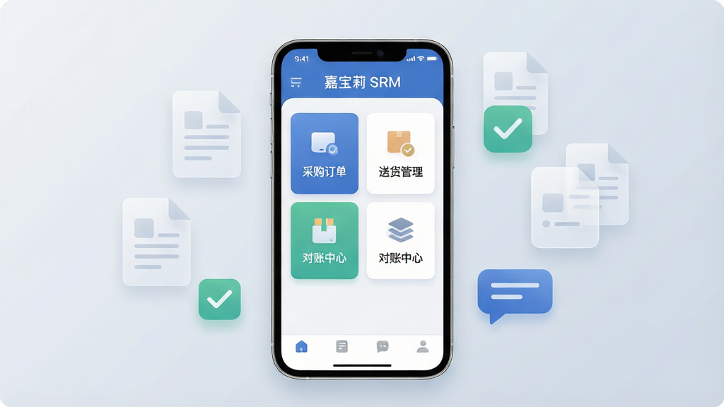 一张展示嘉宝莉 SRM 手机应用主界面的场景图。画面中央是一部竖屏智能手机,屏幕显示应用主界面,顶部有“嘉宝莉 SRM”字样,中间区域排列着采购订单、送货管理、对账中心等清晰的功能卡片,底部是导航栏。手机周围环绕着半透明的文件图标、勾选标记和聊天气泡,象征协同办公。背景为干净的浅灰蓝色渐变,风格现代扁平,细节圆润,画质清晰干净,无多余元素。