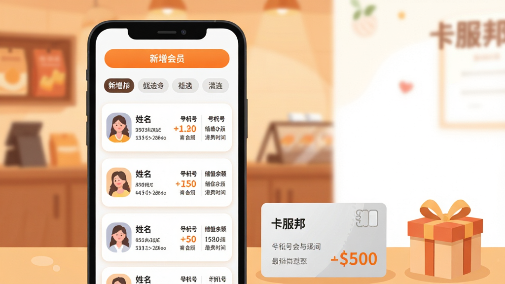 һ��չʾ�������ŵ�App����ϵͳ��Ա�������ܵ�ͼƬ�������������ֻ���Ļ��ʾ��Ա�б����棬ÿ����Ա��Ƭ�����������ֻ��š���ֵ�����������ʱ�䣬�����С�������Ա����ť��ɸѡ��ǩ���ֻ��Ա߷���һ�Ż�Ա����һ��С��Ʒ�У�������ůɫ���ĵ����ھ�������Ϊ�ֻ�����ƫ���Ҳ����׷�װ������Ϊ��ܰ��ƽ�廭�磬ϸ���Ͽ�Ƭ��Բ�ǡ���������ó�ɫͻ�������ʸɾ����޶���Ԫ�ء�