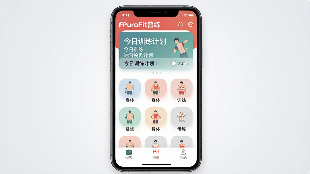 一张展示PuroFit普练应用主界面的手机屏幕截图,画面中央是手机屏幕,屏幕内显示PuroFit普练应用首页,顶部有今日训练计划卡片,中间是身体部位选择图标网格,底部是训练、记录、我的三个导航标签,背景是干净的浅灰色渐变,风格现代扁平化,细节清晰圆润,画质干净无多余元素,图片中清晰显示文字“PuroFit普练”