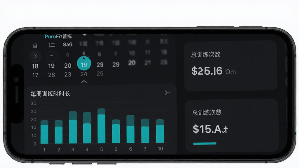 一张PuroFit普练应用内训练记录与数据统计页面的手机截图,画面显示手机屏幕内有一个日历视图标记了训练日期,下方是柱状图展示每周训练时长,旁边有总训练次数和总时长数据卡片,界面风格现代简约,以深色背景搭配亮色数据高亮,布局清晰,画质干净无多余元素,图片中显示文字“PuroFit普练”